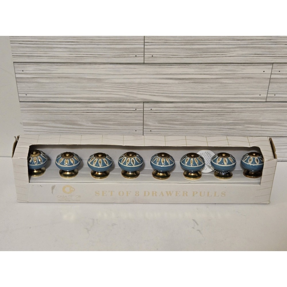 Set 8 Casa Decor Ceramic Drawer Cabinet Pull Knobs Handmade Turquoise & Gold NIB